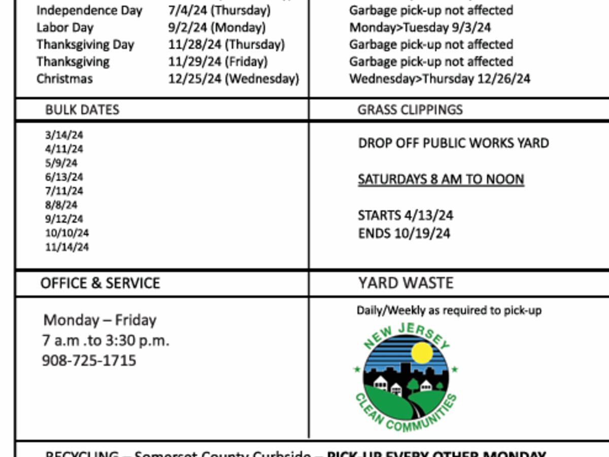 Borough of Raritan Pick Up Schedule for Bulk Pick Up Raritan