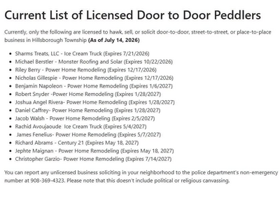 Hillsborough Township Shares List of Licensed Door to Door Peddlers